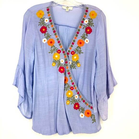 Entro Blue Floral Embroidered Cross Front Ruffle Sleeve Lightweight Blouse - Picture 1 of 6
